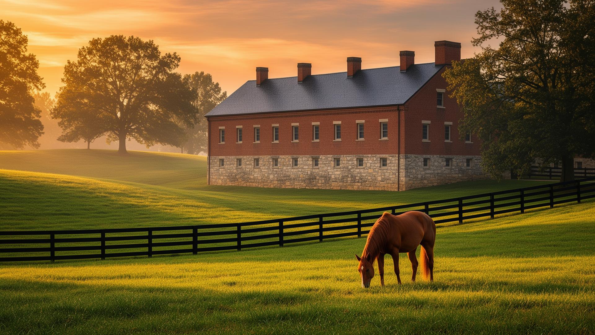 Kentucky bluegrass landscape with horse and bourbon distillery at sunset